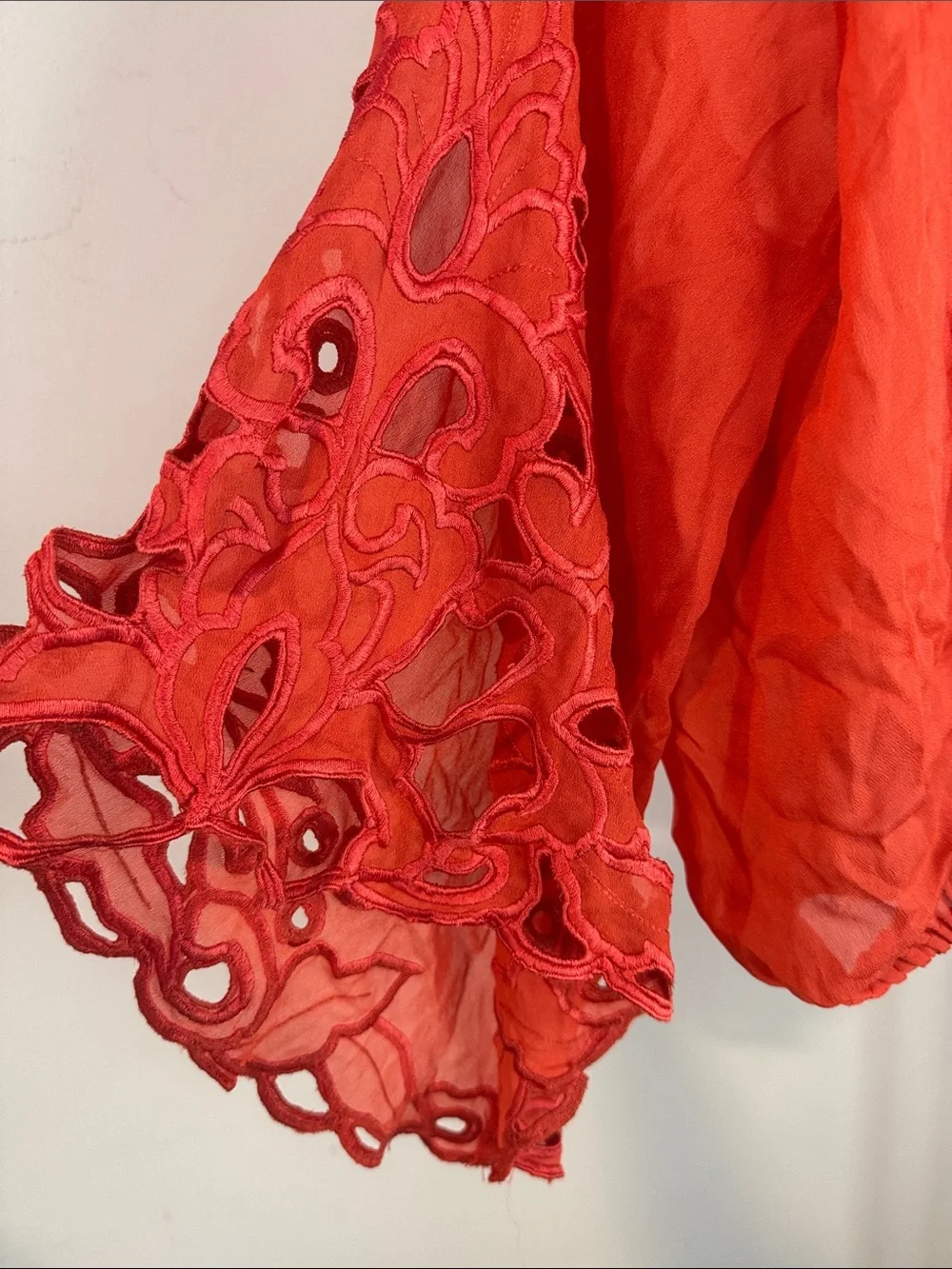 Free People Orange-Red Wrap Blouse with Lace Bell Sleeves size xs